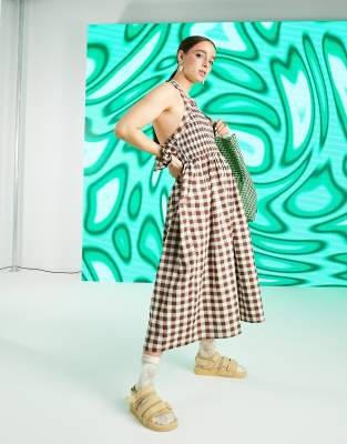 Collusion Shirred Halterneck Gingham Midi Sundress In Brown | ModeSens