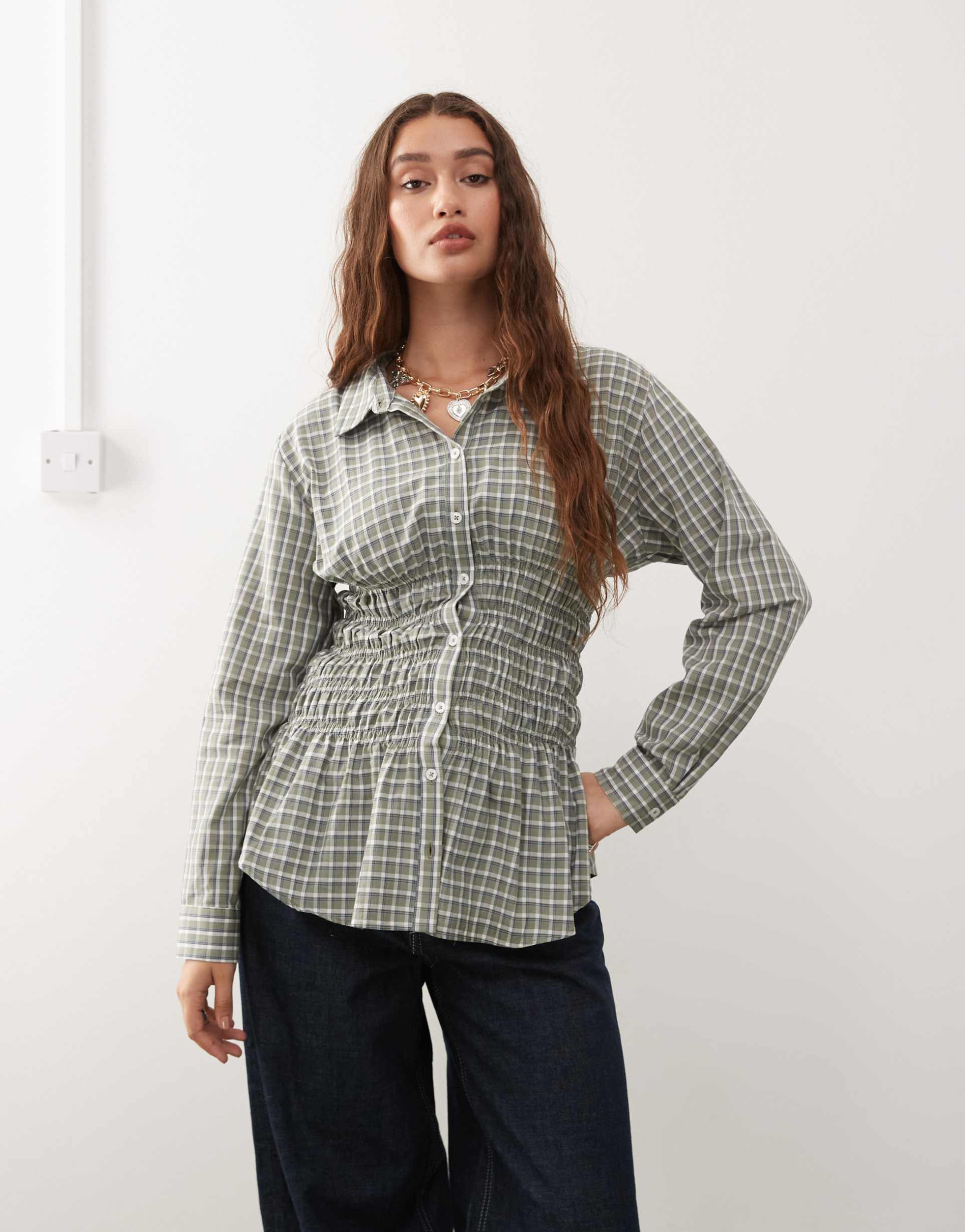 collusion shirred long sleeve shirt in green plaid