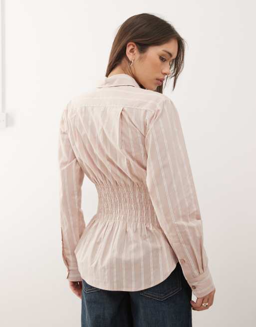 COLLUSION shirred long sleeve shirt in neutral stripe, 3 of 4