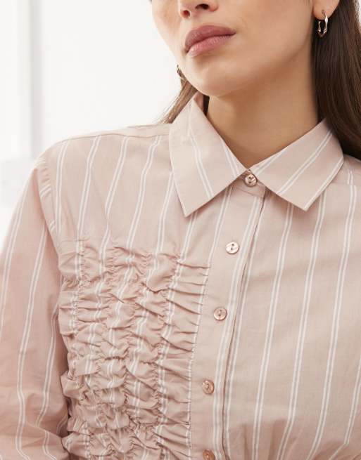 COLLUSION shirred long sleeve shirt in neutral stripe, 4 of 4