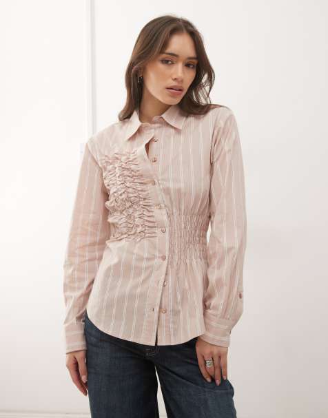 COLLUSION shirred long sleeve shirt in neutral stripes - view 1