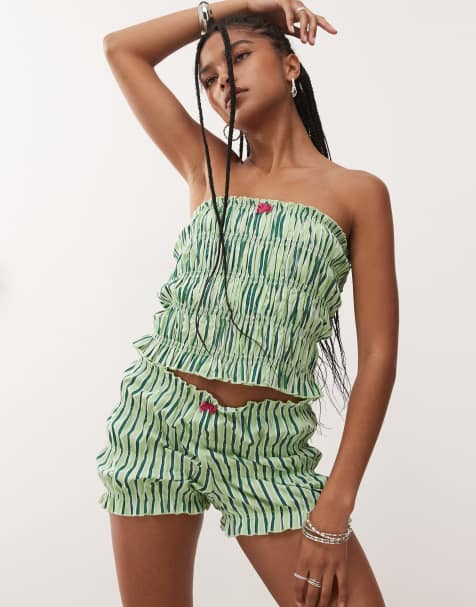 COLLUSION shirred micro shorts in green stripe - part of a set - view 1