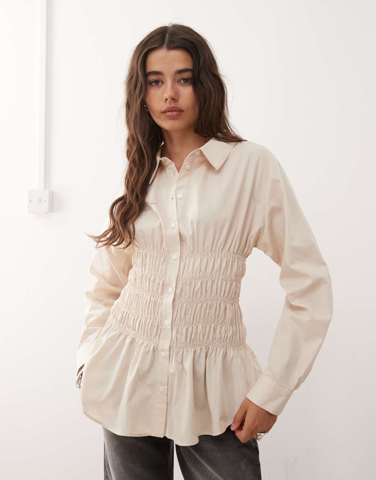 COLLUSION shirred oversized long sleeve shirt in off white