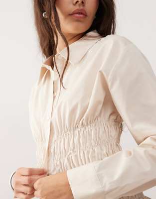 Collusion Shirred Oversized Long Sleeve Shirt In White