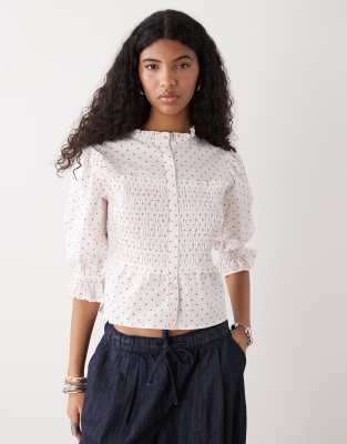 Collusion Shirred Polka Dot Blouse In White