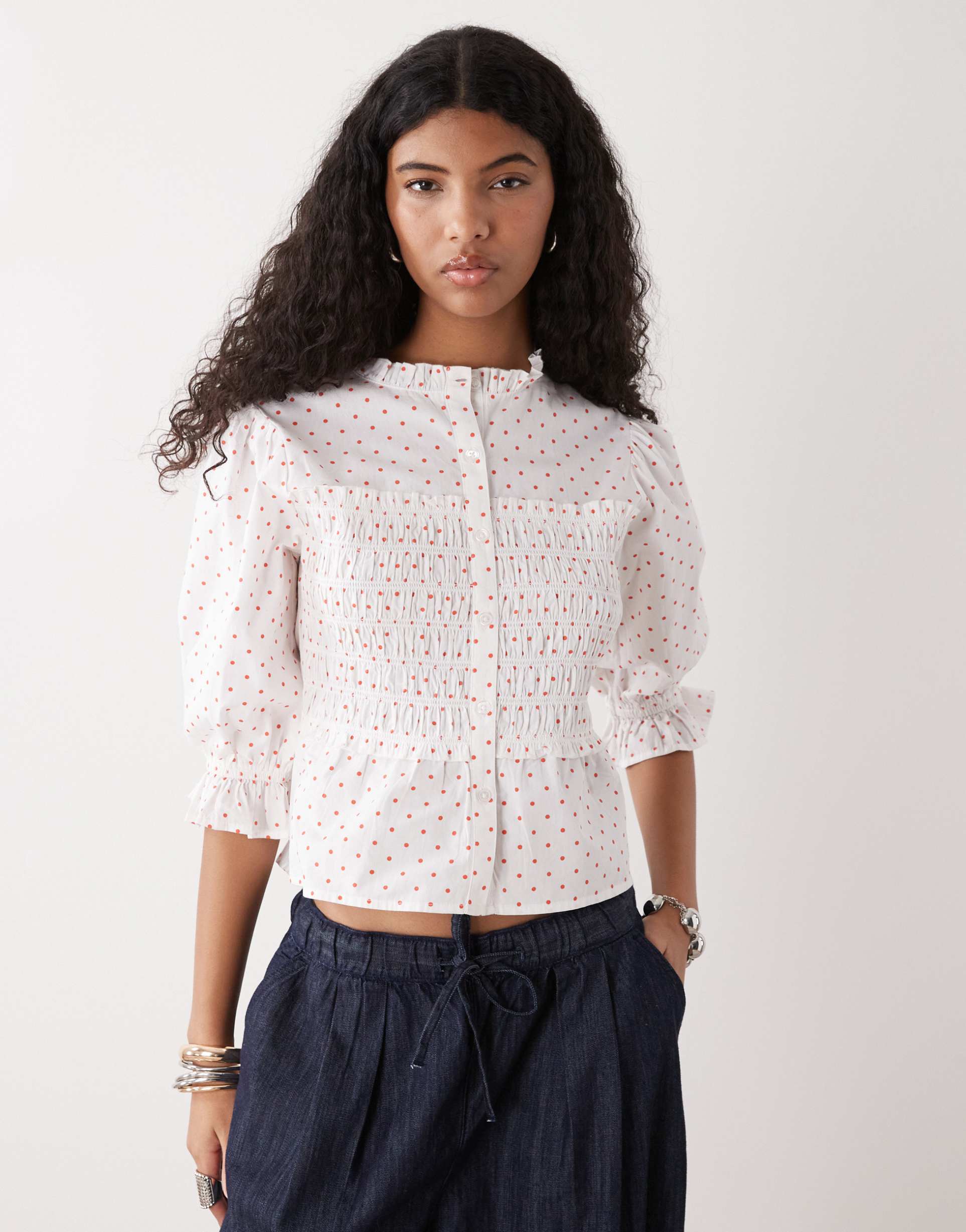 collusion shirred polka dot blouse in white
