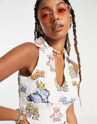 COLLUSION shirred racer back cartoon print cropped festival shirt co-ord in white - ASOS Price Checker