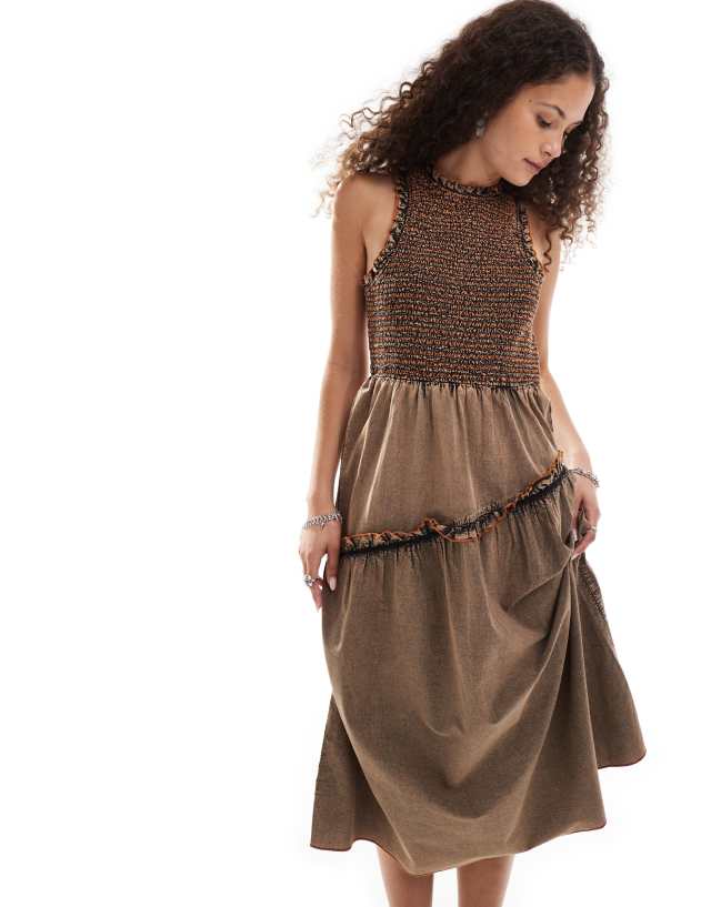 Collusion - shirred racer midi dress with contrast detail in washed brown