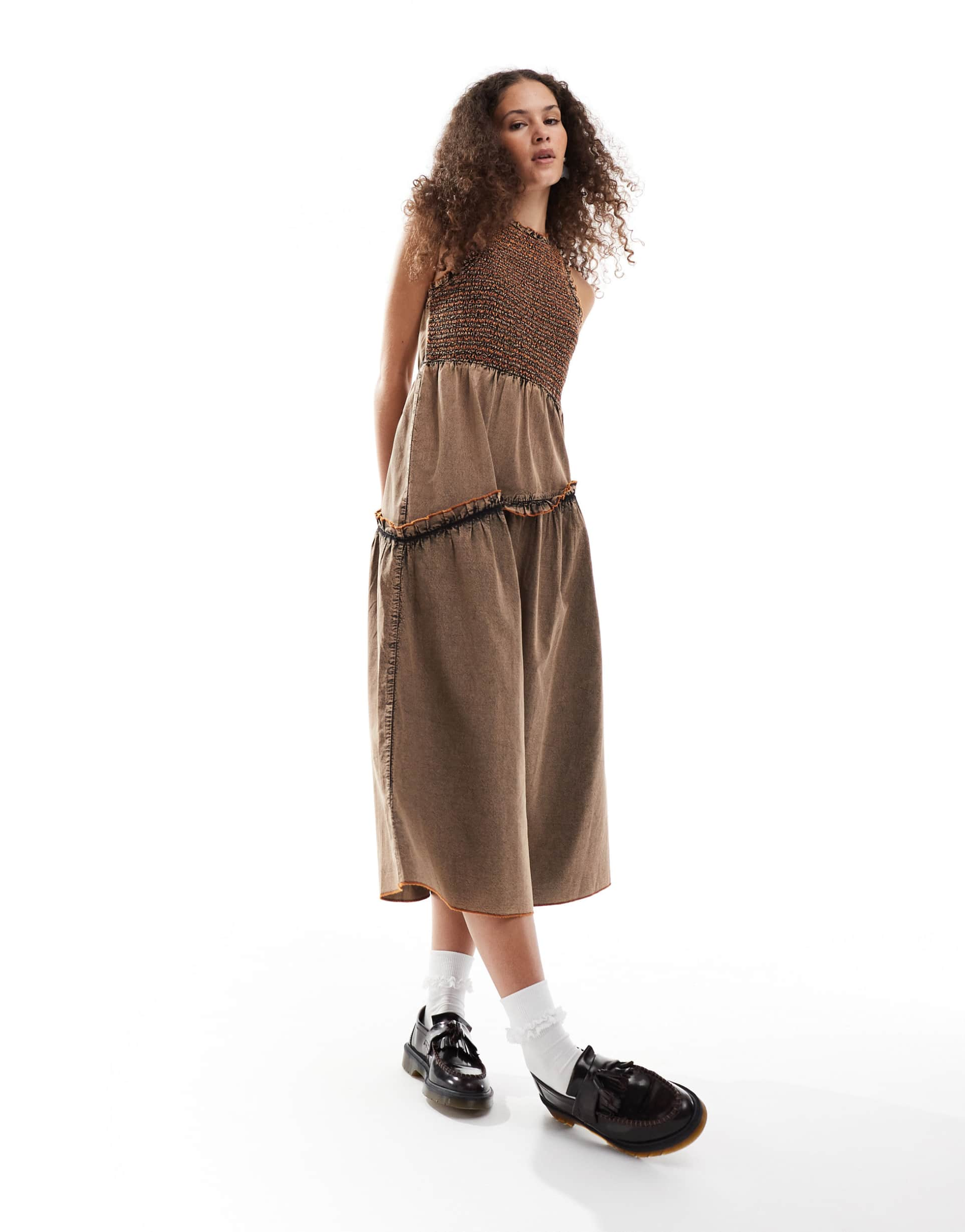 collusion shirred racer neck midi dress with contrast detail in washed brown