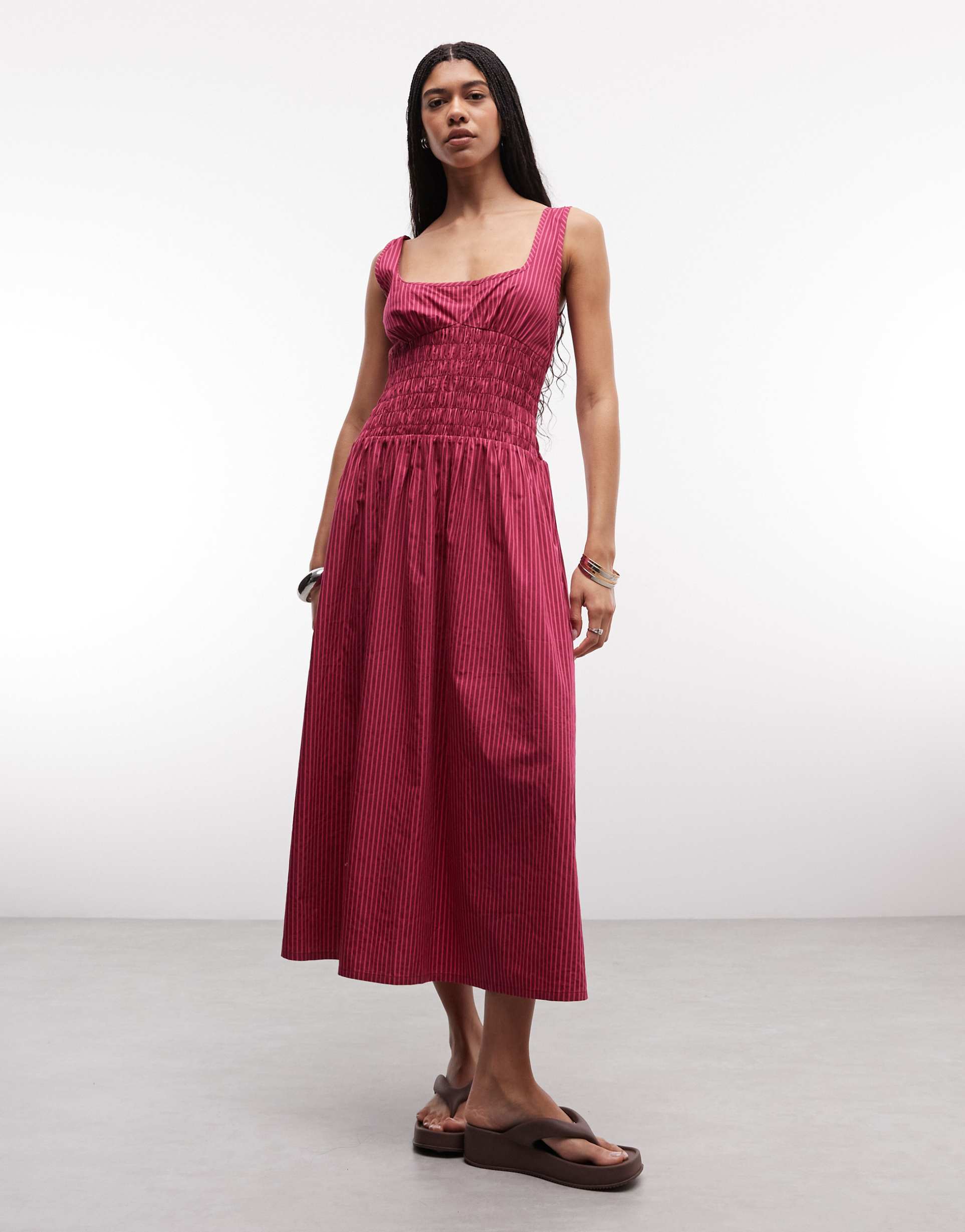 collusion shirred square neck maxi dress in pink stripe