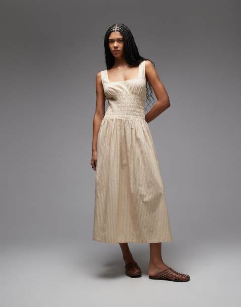 COLLUSION shirred square neck midaxi dress in buttermilk yellow stripes - view 1