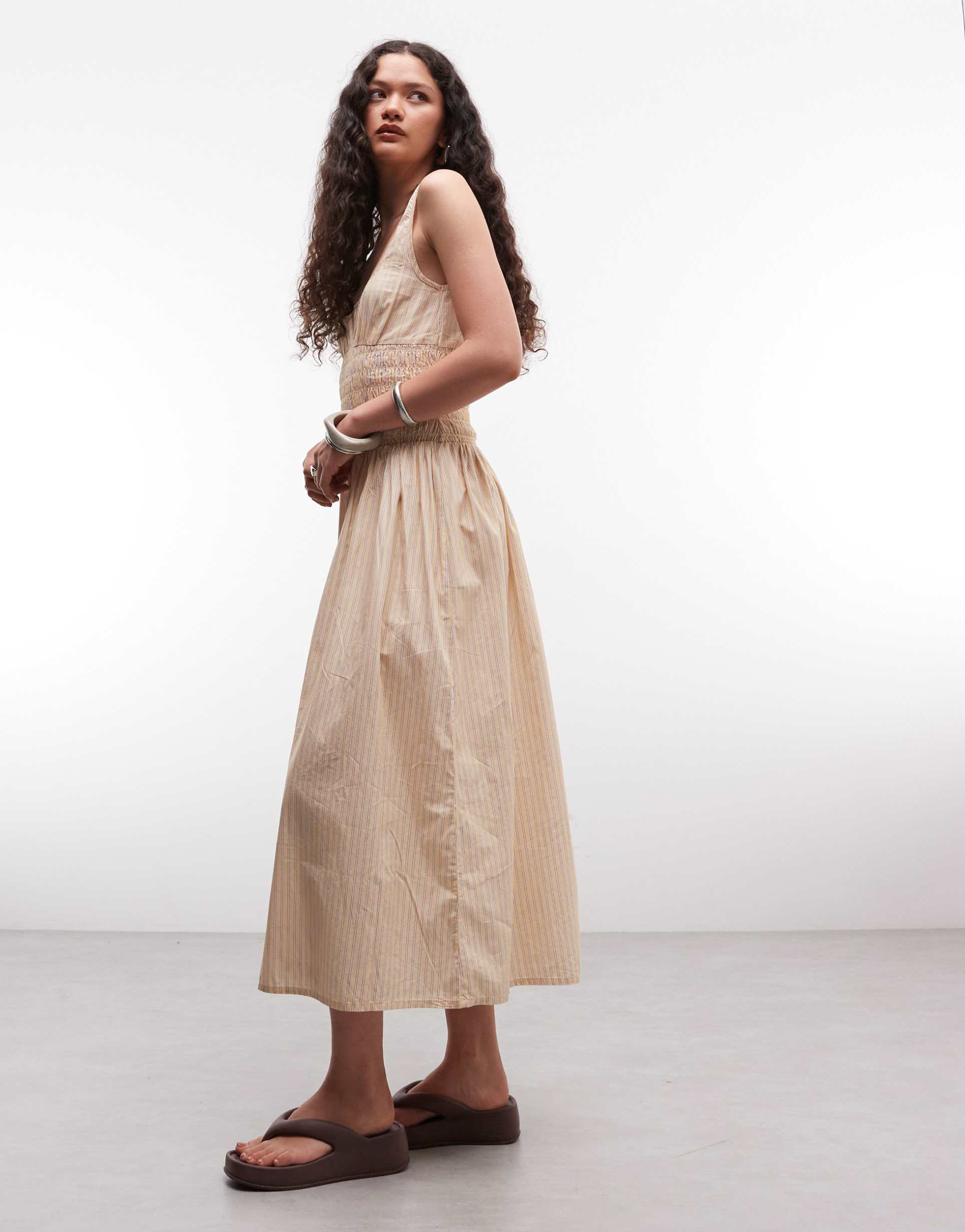 collusion shirred square neck midaxi dress in buttermilk yellow stripes