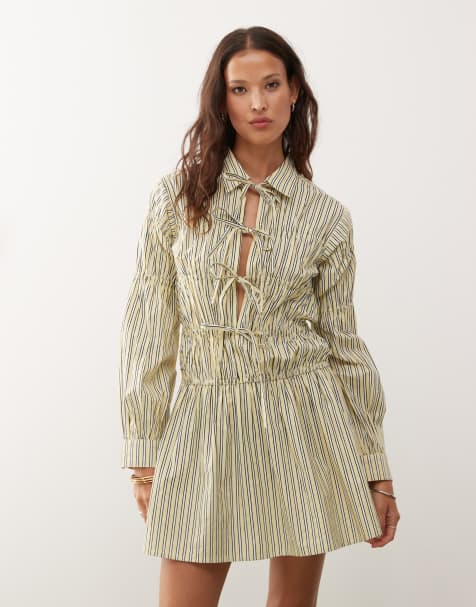 COLLUSION shirred tie detail shirt dress in yellow stripe - view 1