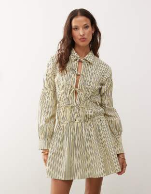 shirred tie detail shirt dress in yellow stripes
