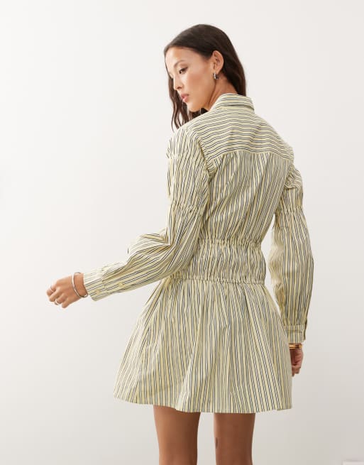 COLLUSION shirred tie detail shirt dress in yellow stripes