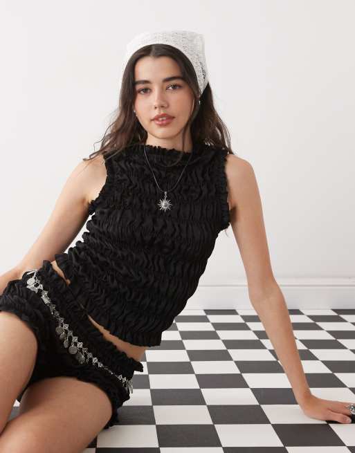 COLLUSION shirred top co-ord in black