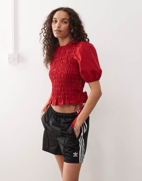 COLLUSION shirred top with lace-up detail at side in red - view 1