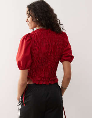 Collusion Shirred Top With Lace-up Detail At Side