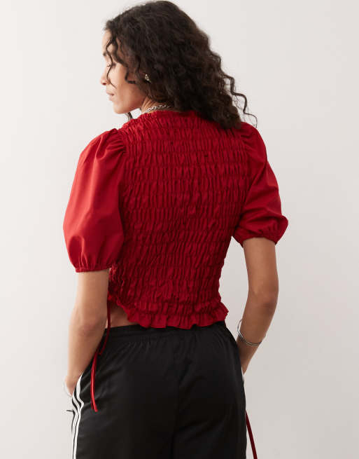 COLLUSION shirred top with lace-up detail at side in red
