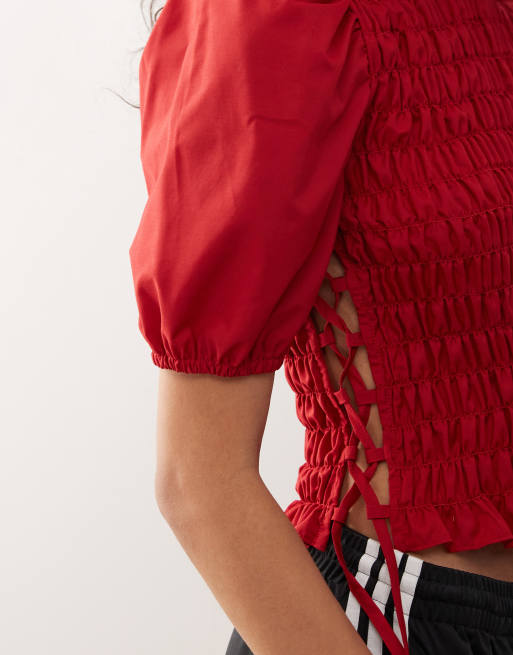 COLLUSION shirred top with lace-up detail at side in red
