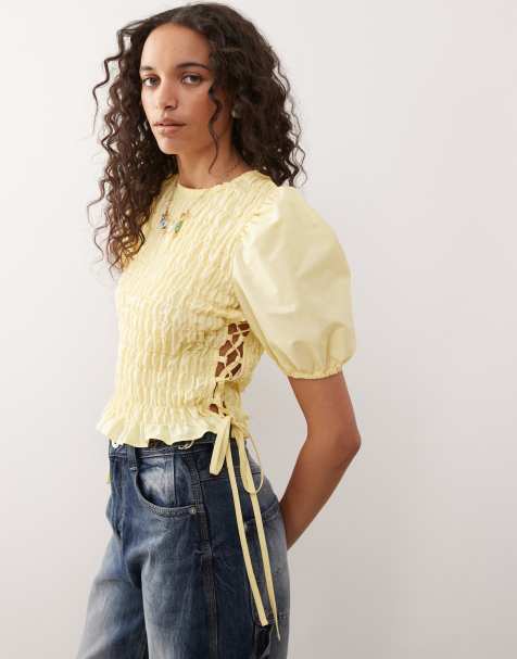 COLLUSION shirred top with lace up detail at side in yellow - view 1