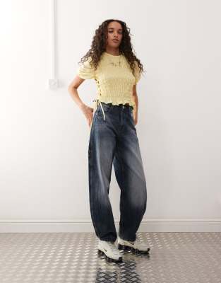 Collusion Shirred Top With Lace Up Detail On Both Sides