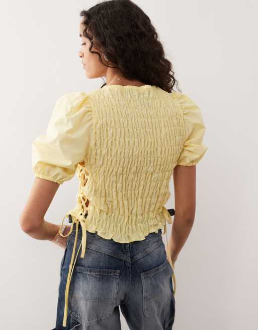 COLLUSION shirred top with lace-up detail at side in yellow