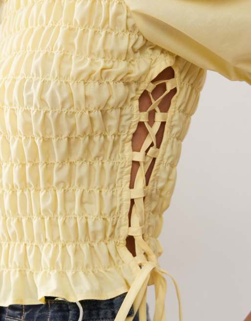 COLLUSION shirred top with lace-up detail at side in yellow
