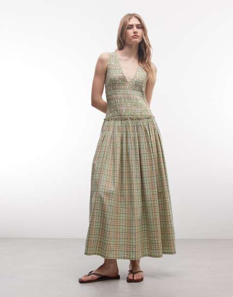 COLLUSION shirred v-neck maxi dress in green check - view 1