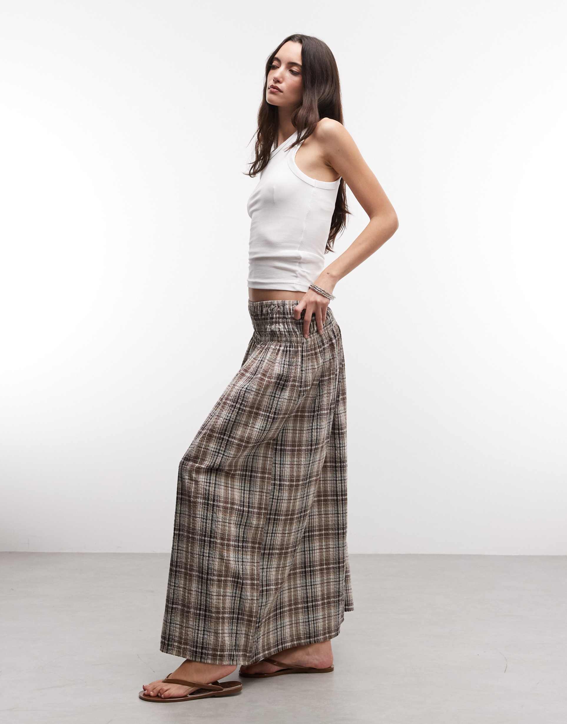 collusion shirred waist band maxi skirt in brown plaid