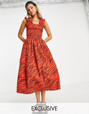 COLLUSION shirred smock maxi dress in red zebra print