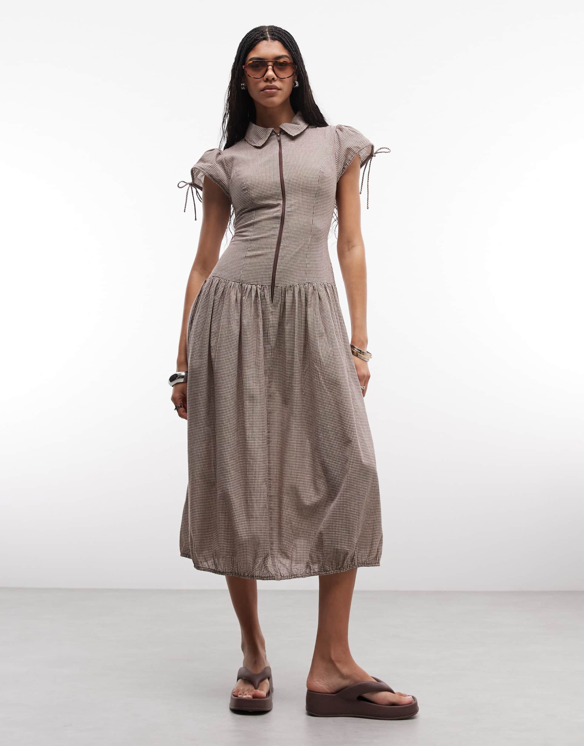 collusion shirt dress midi dress in brown gingham