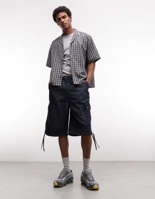 COLLUSION - Short cargo en chambray - Délavage brut-Bleu marine