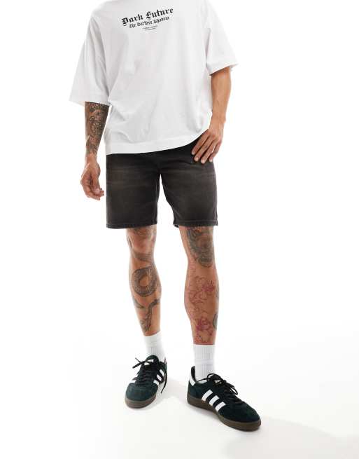COLLUSION - Short en jean effet découpé - Noir délavé