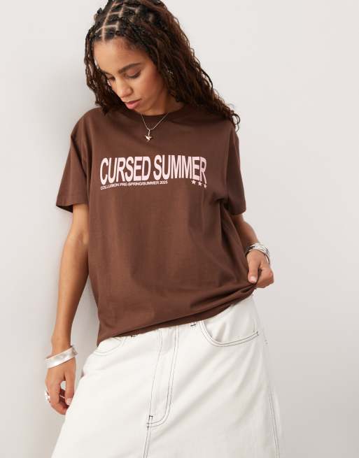 COLLUSION short sleeve antifit tee with print in brown