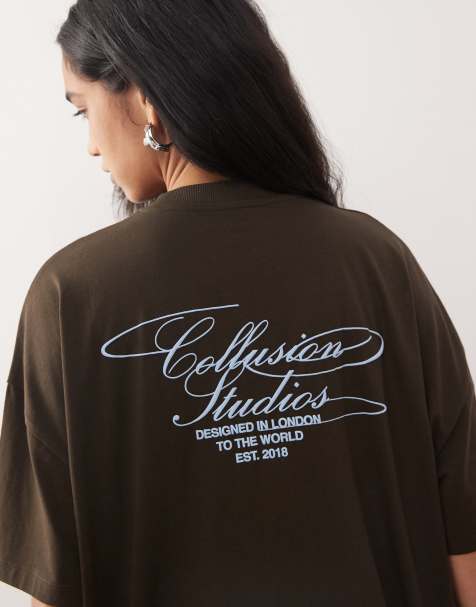 COLLUSION short sleeve back graphic tee in chocolate