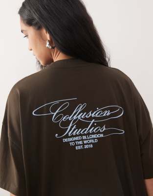 Collusion Short Sleeve Back Graphic Tee In Brown