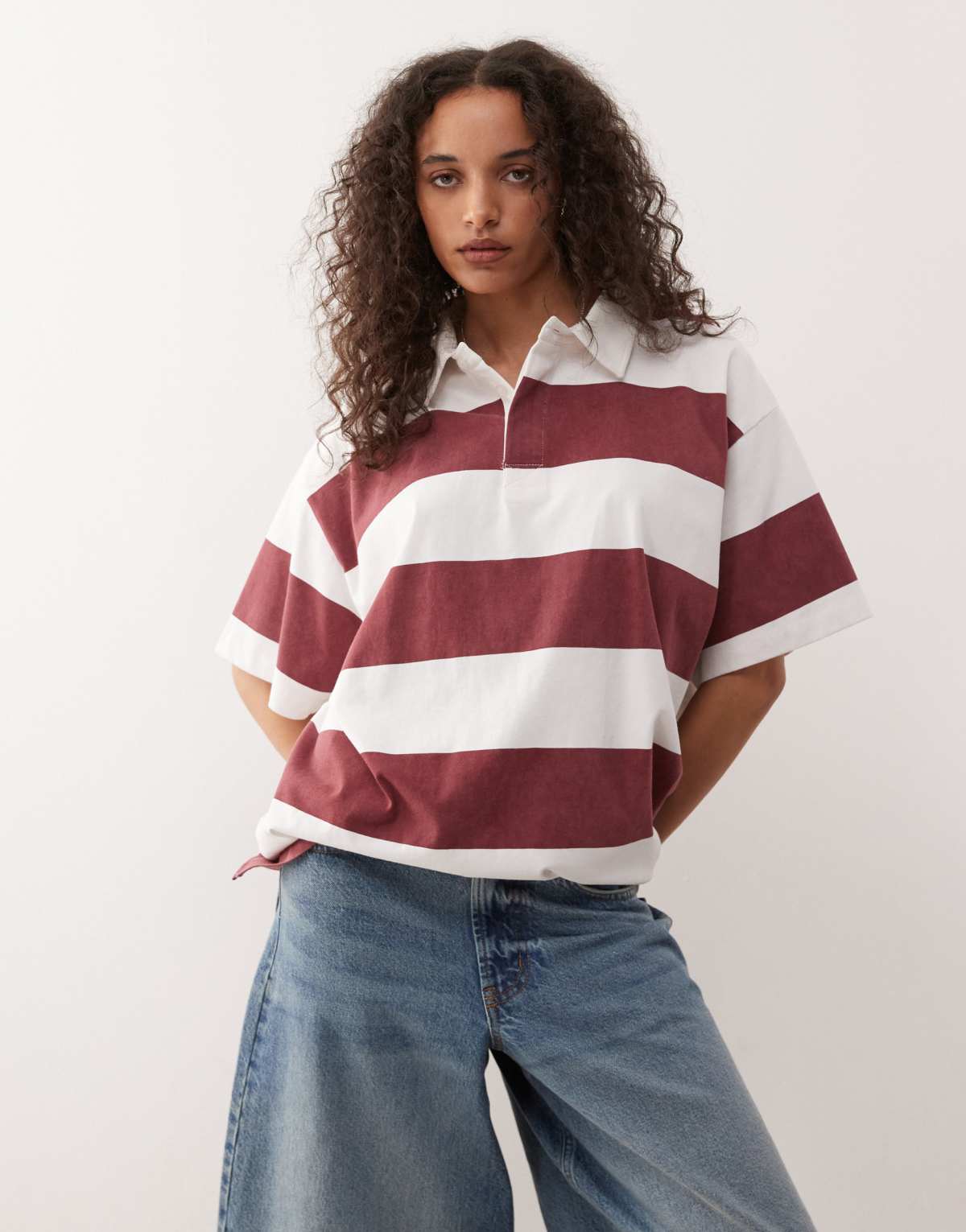 Collusion short sleeve bold stripe rugby top in multi