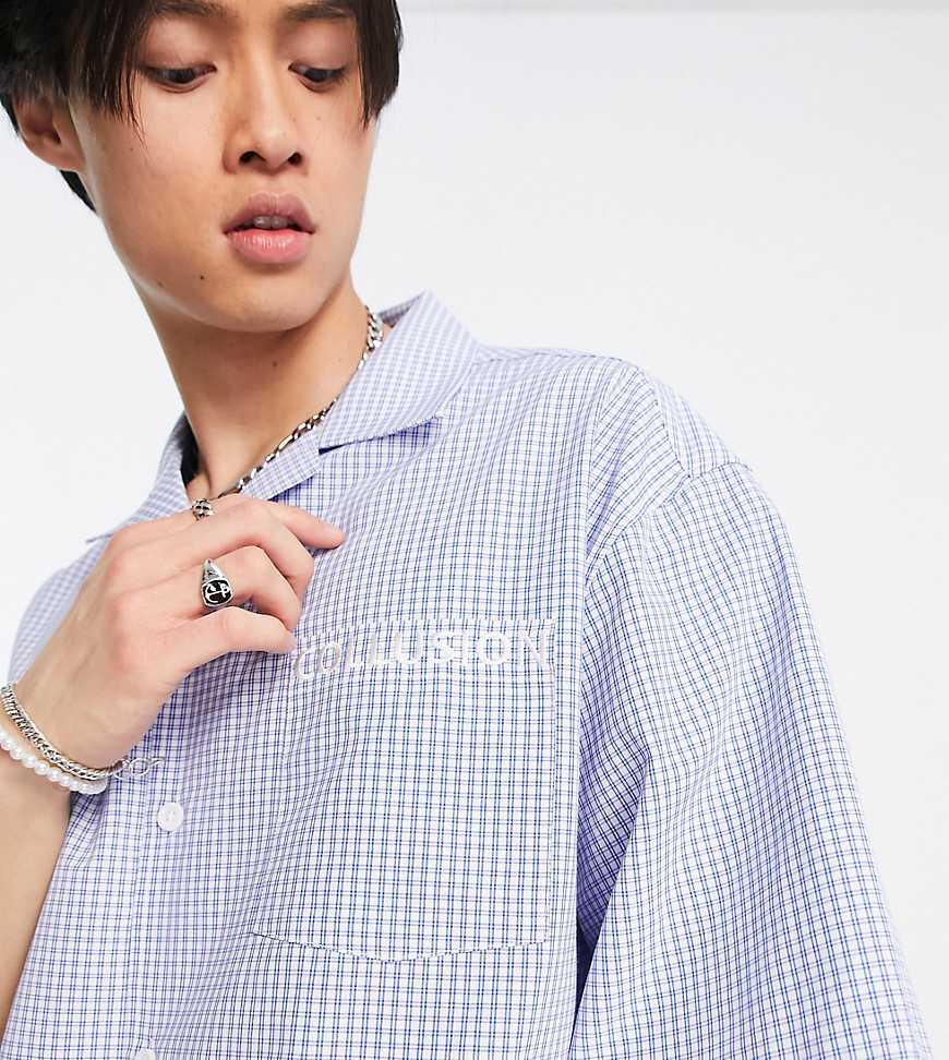 COLLUSION short sleeve check shirt with branding in blue