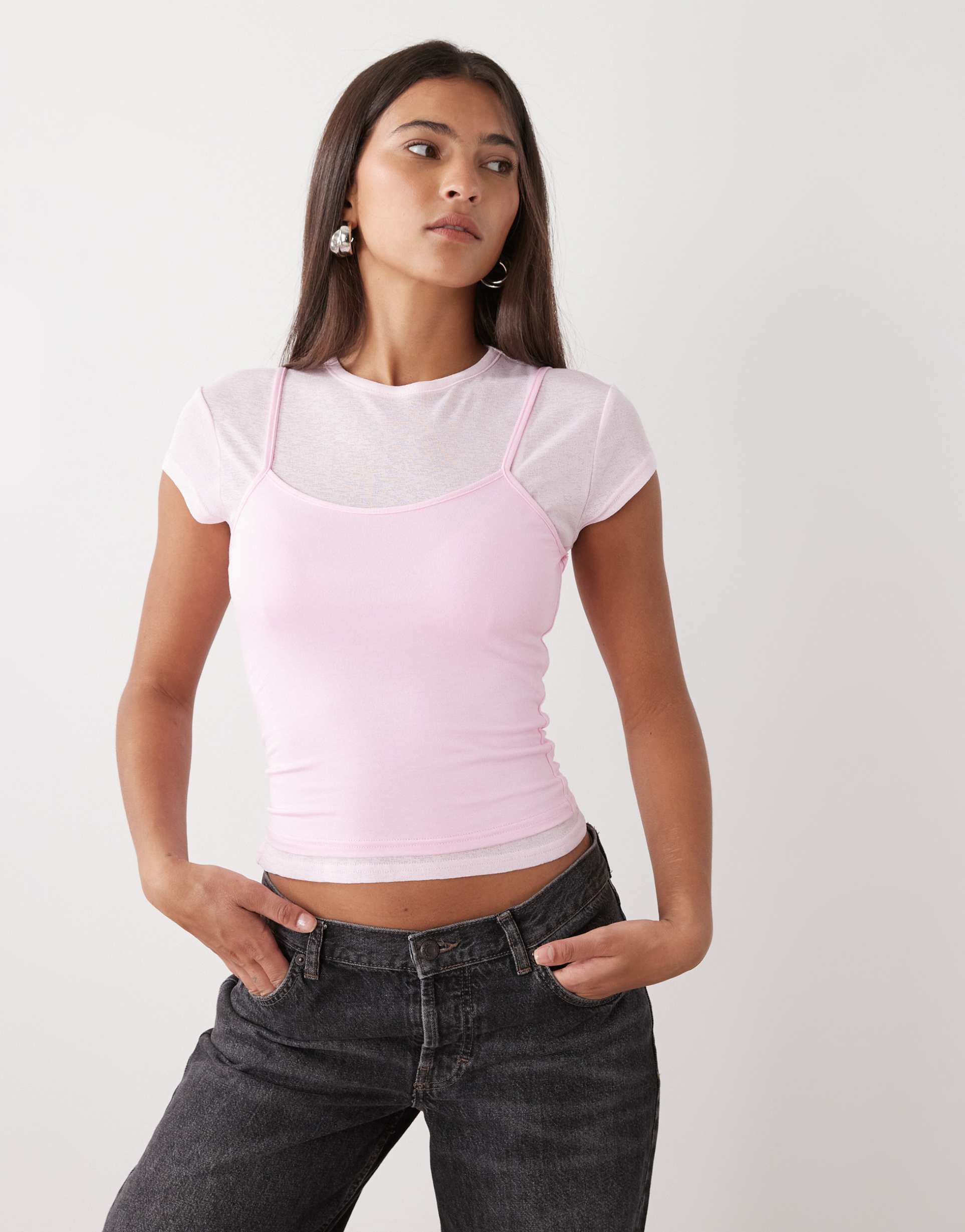 collusion short sleeve double layer t-shirt in pink