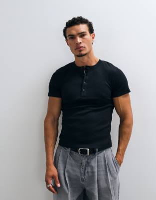 Collusion Short Sleeve Fitted Henley T-shirt In Blue