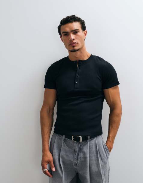 COLLUSION short sleeve fitted henley T-shirt in black - view 1