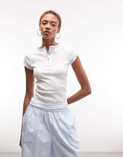 COLLUSION short sleeve henley t-shirt with contrast stitch in white - view 1