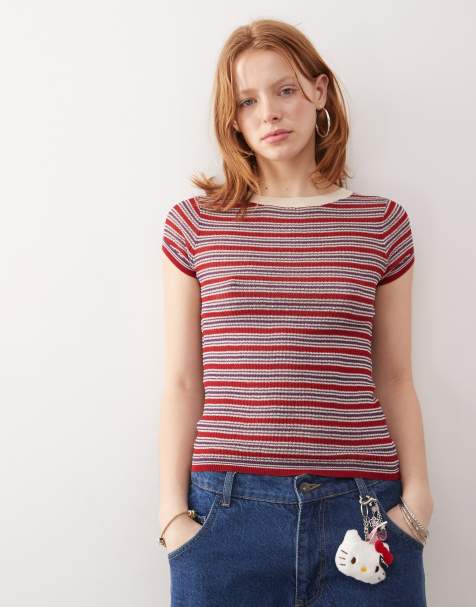 COLLUSION short sleeve knitted top in dark red - view 1