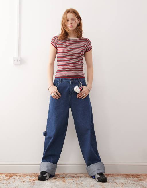 COLLUSION short sleeve knitted top in dark red, 3 of 4