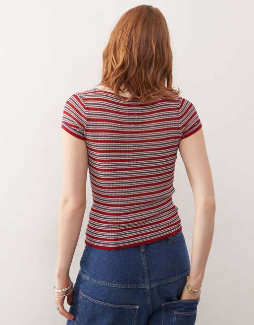 COLLUSION short sleeve knitted top in dark red, 4 of 4