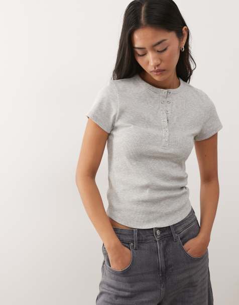 COLLUSION short sleeve ribbed henley top in gray heather - view 1