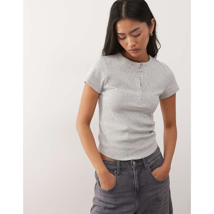 COLLUSION short sleeve ribbed henley top in gray heather | ASOS