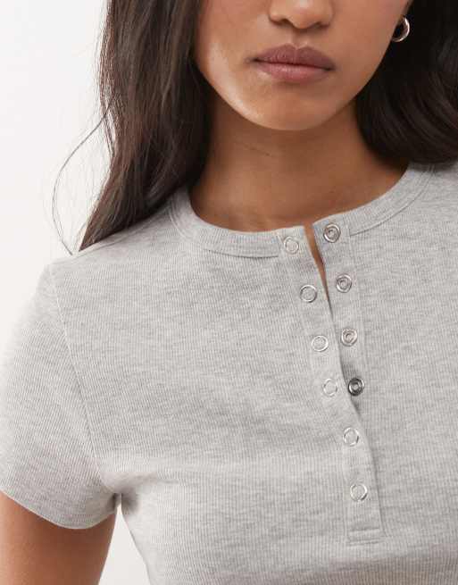 COLLUSION short sleeve ribbed henley top in gray heather, 3 of 4