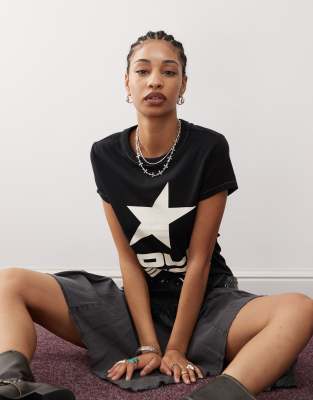 short sleeve shrunken T-shirt with star logo-Black